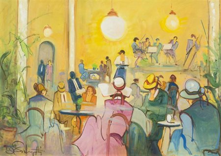 Dino Pelagatti, Livorno 1932 - , Cafè Concerto , Olio su tavola, cm. 50x70,...