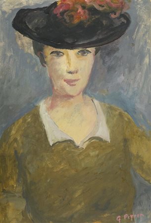 Guido Peyron, Firenze 1898 - 1960, Signora con cappello , Olio su cartone,...