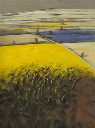 Andrea Razzauti, Livorno 1954 - , Campo di girasoli , Olio su tela, cm....