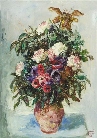 Mario Bucci, Foggia 1903 - Firenze 1970, Fiori, anemoni e garofani , Olio su...