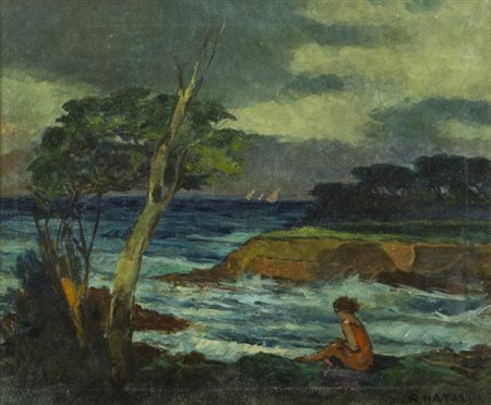 Renato Natali, Livorno 1883 - 1979, Paesaggio con figura , Olio su tela, cm....