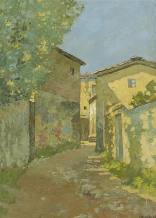 Carlo Passigli, Firenze 1881 - 1953, Paese , Olio su cartone, cm. 52x37,...