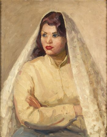 NINO BERTOLETTI Roma 1889 - 1971 La sposa Olio su tavola cm 64 x 50