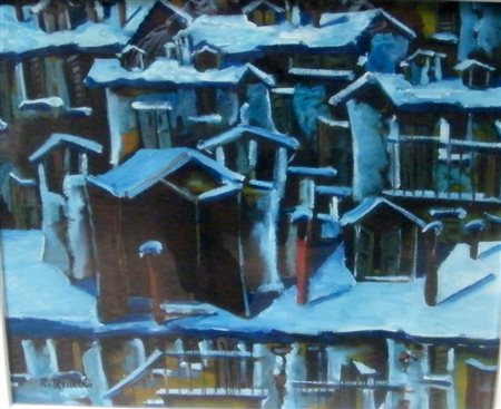 R.Renello."Neve sul tetto.1978, olio su tela cm 50x60