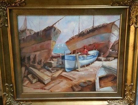 Carmine Persico "Cantiere navale" 1980. Olio su tela cm 40x50