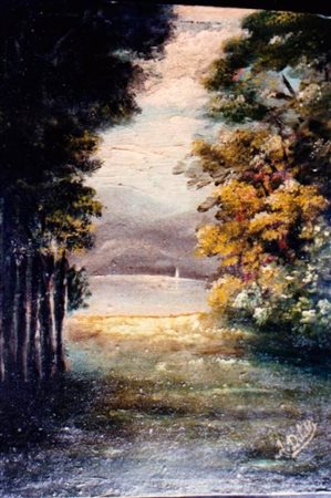 A.Diletti "Bosco con lago" olio su tela montato su cartone cm 29,3x22,3