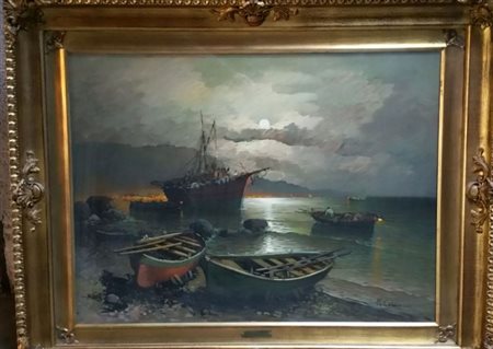 Mario Colucci "Porto di notte" 1977 olio su tela cm 60x80 opera corredata di...