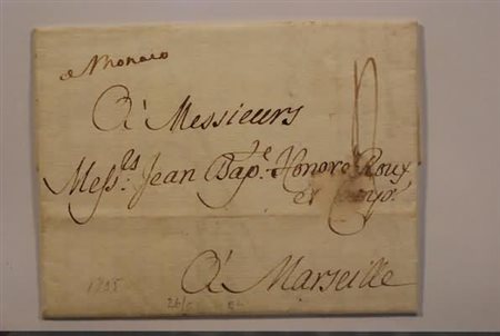 PREFILATELIA - 1735, lettera da Genova per Marsiglia con manoscritto "Monaco"...