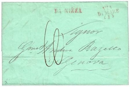 VIE DI MARE - 1848, lettera da Nizza per Genova, tassata. Sul fronte bolli...