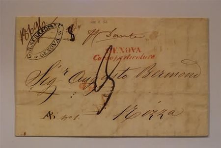 VIE DI MARE - 1852, lettera da Genova per Nizza, tassata e con bollo...