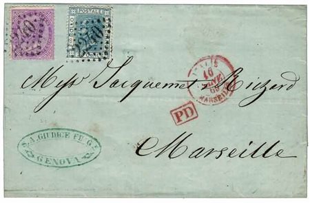 VIE DI MARE - 1869, lettera da Genova per Marsiglia affrancata con 60 c. + 20...