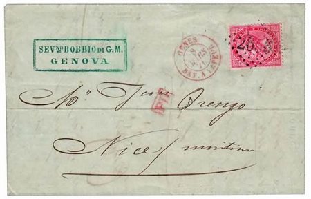 VIE DI MARE - 1871, lettera da Genova per Nizza affrancata con 40 c. (L20)...