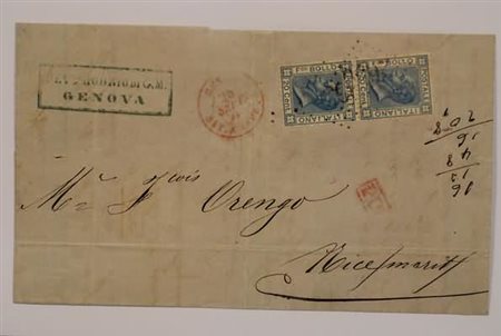 VIE DI MARE - 1871, lettera da Genova per Nizza affrancata con coppia del 20...