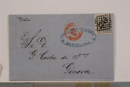 VIE DI MARE - 1874, lettera da Barcellona per Genova affrancata con Allegoria...