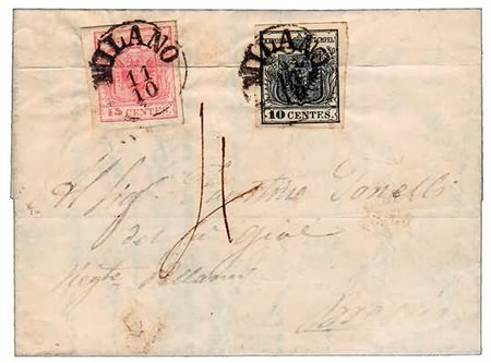 LOMBARDO VENETO - 1855, 10 c. nero (2) + 15 c. carta a macchina (20c) su...