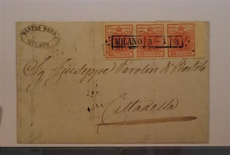 LOMBARDO VENETO - 1850, 15 c. I tipo (3) striscia orizzontale di 3 su lettera...