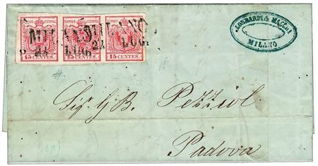 LOMBARDO VENETO - 1850, 15 c. rosso I tiratura (3a) striscia di 3 annullata...