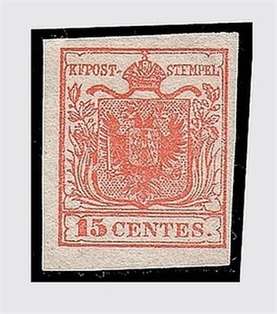 LOMBARDO VENETO - 1850, 15 c.rosso vermiglio, I tipo (3c) senza gomma. Molto...