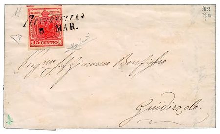 LOMBARDO VENETO - 1851, 15 c.rosso vermiglio II tipo (4) annullato con bollo...