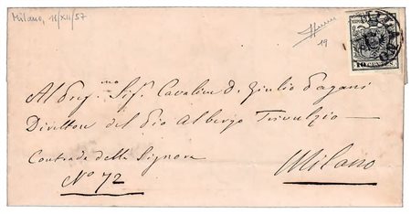 LOMBARDO VENETO - 1857, 10 c. nero carta a macchina (19) isolato su lettera...