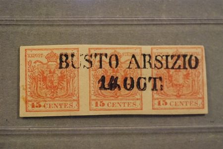 LOMBARDO VENETO - 1854, 15 c. rosso vermiglio, carta a macchina (20) striscia...