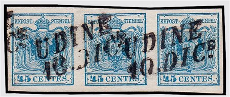 LOMBARDO VENETO - 1856, 45 c. carta a macchina (22) striscia orizzontale di...