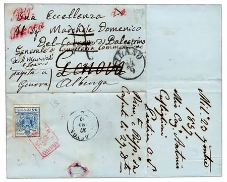 LOMBARDO VENETO - 1857, Lettera da Milano a Genova e poi fatta proseguire per...