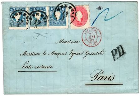 LOMBARDO VENETO - 1863, affrancatura mista II + III emissione composta da: 15...