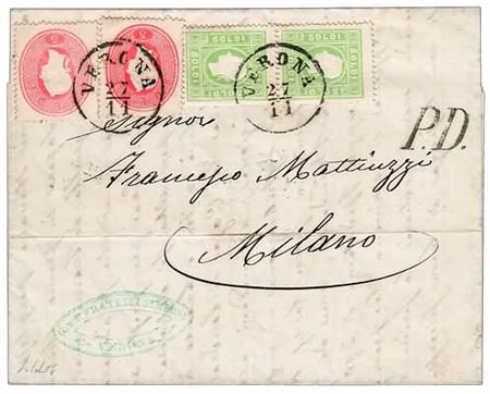 LOMBARDO VENETO - 1862, 3 soldi verde giallo (35) coppia verticale + 5 soldi...