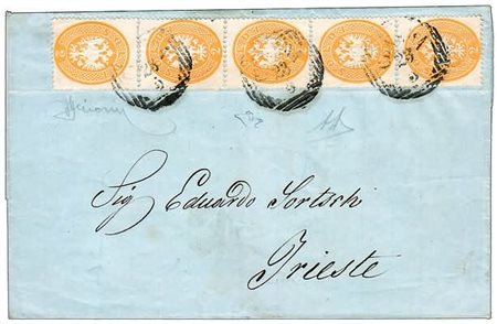 LOMBARDO VENETO - 1864, 2 soldi giallo dent.14 (36) striscia di cinque su...