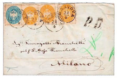 LOMBARDO VENETO - 1863, 2 s.giallo (36) tre esemplari + 10 s.azzurro (39) su...