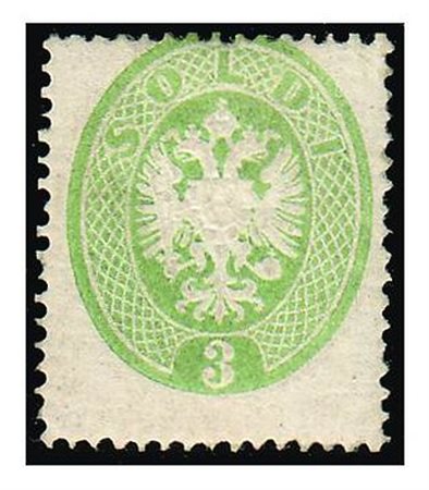 LOMBARDO VENETO - 1863, 3 s.verde dent.14 (37) fresco esemplare. (Cert. A....