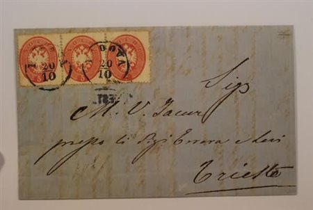 LOMBARDO VENETO - 1863, 5 s. rosa vivo (38a) striscia orizzontale di 3 su...