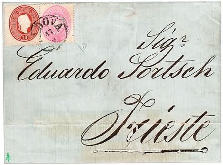 LOMBARDO VENETO - 1863, 10 s.bruno mattone scuro (34a) + 5 c.rosa dent.14, IV...