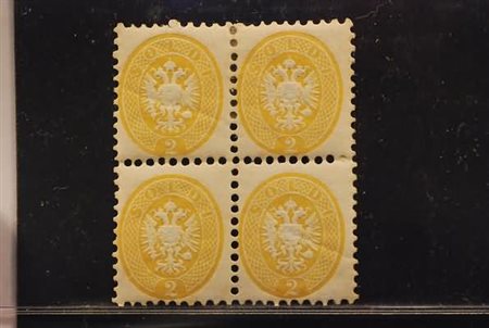 LOMBARDO VENETO - 1865, 2 soldi giallo (41) quartina, 2 integri.(GOMMA INTEGRA)