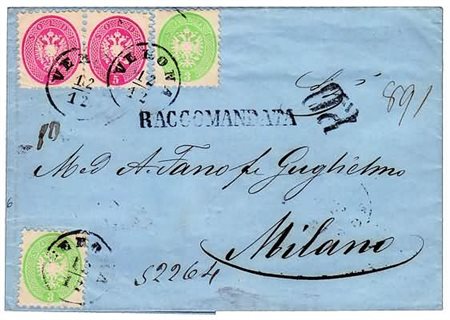 LOMBARDO VENETO - 1865, 3 soldi verde (42) 2 esemplari + 5 soldi rosa (43) 2...