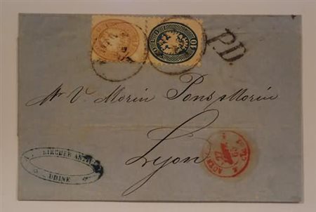 LOMBARDO VENETO - 1865, 10 s. azzurro (44) + 15 s.bruno (45) su lettera da...