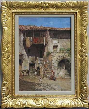 SANTORO RUBENS (1859 - 1942) Rustico con tre contadine in primo piano, olio...