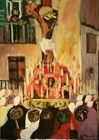 Saverio Terruso "Processione a Monreale" 1971 olio su tela cm 70x50 Autentica...