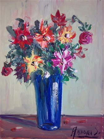 ANNONI SEVERINO (1911 - 1975) Fiori. Olio su faesite. Cm 24,00 x 18,00. Firma...