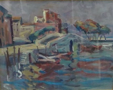 MUCCHETTI TANCREDI (n. 1932) Al lago. Olio su tela. Cm 50,00 x 40,00.