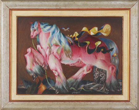 DE ANDREIS GIOVANBATTISTA (n. 1938) Marcia equestre. Olio su tavola. Cm 74,00...