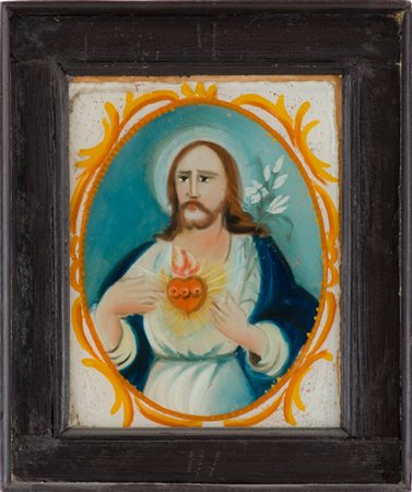 PITTURA su vetro "Sacro Cuore di Cristo". Italia fine '800 Misure: cm 19 x 25