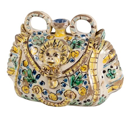 SCALDAMANI a forma di borsa in ceramica smaltata e decorata. Caltagirone XX...