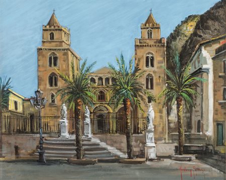 ANDREA PATRISI (Napoli 1954) OLIO su tavoletta "il Duomo di Cefalu'", firmato...