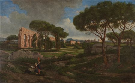 PIO JORIS (Roma 1843 - 1921) OLIO su tela "paesaggio con rovine di acquedotto...