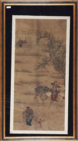 Arte Cinese Dipinto raffigurante cavalli, arcieri e stallieri Anonimo, XVIII...