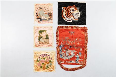 Arte Cinese Cinque tessuti a ricamo figurativo Cina/Vietnam, XIX - XX secolo....