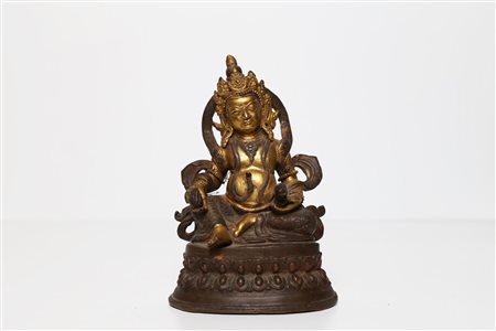 Arte Himalayana Statua in bronzo parzialmente dorato raffigurante Jambhala...