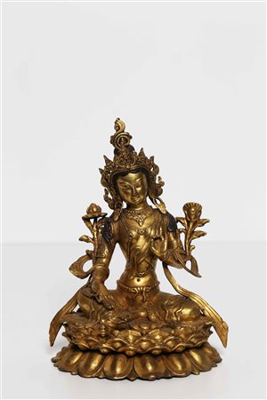 Arte Himalayana Statua in bronzo dorato raffigurante Tara Verde Nepal, inizi...